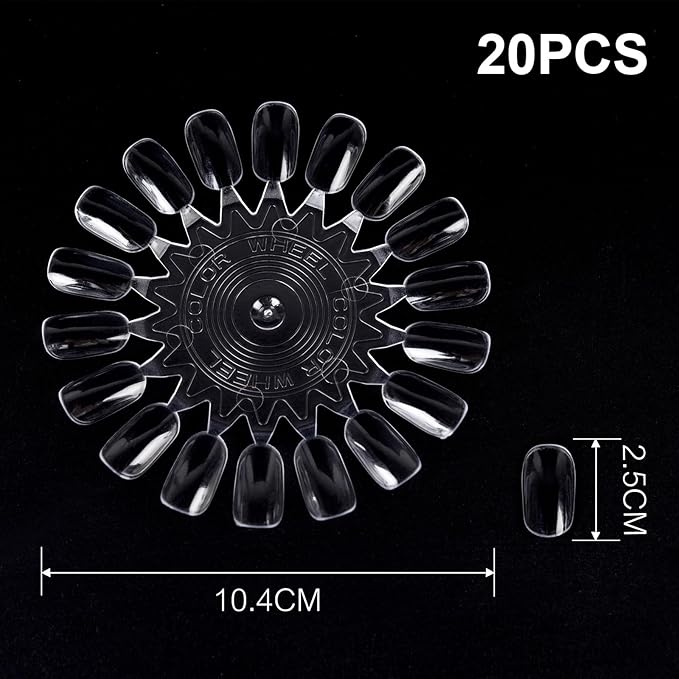 20Pcs False Nail Swatches Wheels for 360 Color Nail Tips Acrylic Nail Art Polish Display Nail Practice Tips Board for Manicure, Home DIY/Nail Art Salon Show, Clear