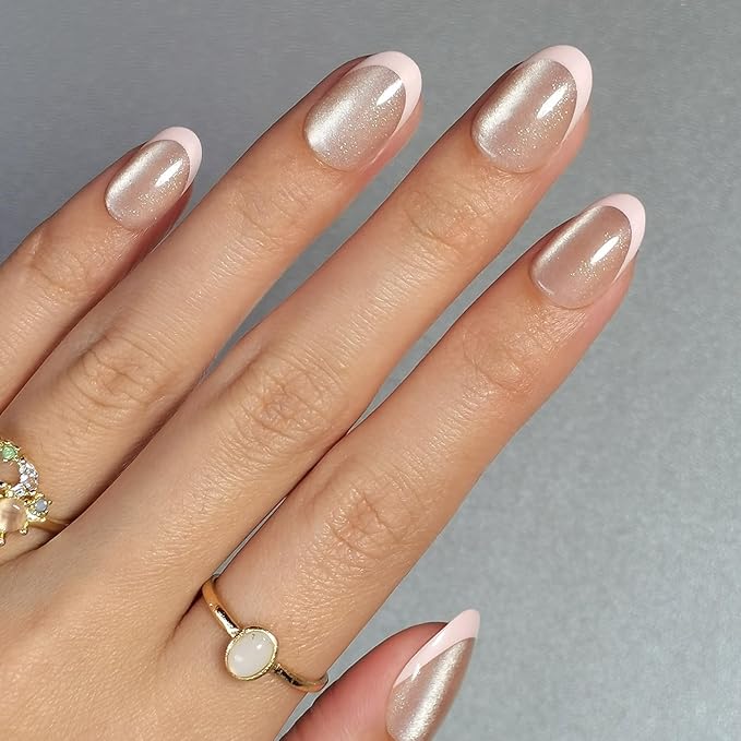 Pink French Tip Soft Gel Press on Nails Short Almond Cats Eyes Fake Nails Designs Bling Acrylic Nails Full Cover Stick on Nails Glossy Thickened False Nails with Nail Glue for Women's Daily