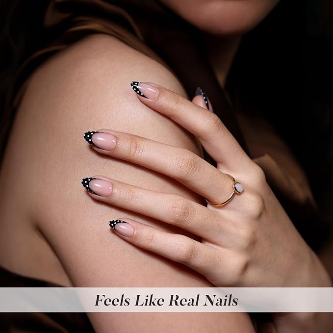 Black French Tip Press on Nails Short - SHANGMENG Soft Gel Almond Press on Nails for Women, Seamless Fit Glue on Nails in 16 Sizes - 32 Reusable Fake Nails Kit with Glue, Polka Dots