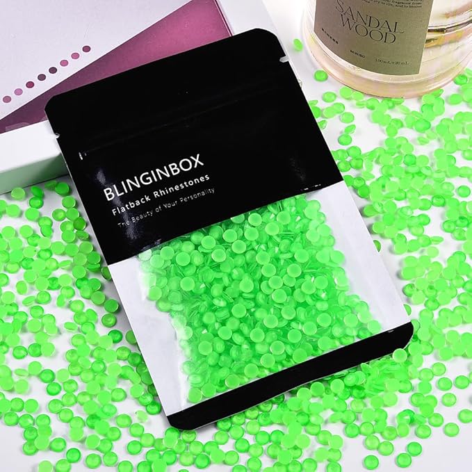 Blinginbox Flatback Rhinestones Round Gems, 1440pcs Luminous Series Glass Stones Neon Gems Non Hotfix Crystal Rhinestones for Nail Charms Crafts Clothes Tumblers,New Emerald Neon,SS6.