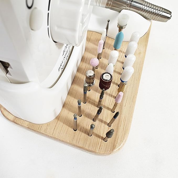 Nail Drill Bit Holder and Organizer, 24 Hole Wooden Base with Soft Silicone Holder for Nail Drill Machine and Grinding Pen, Desktop Storage Case for Nail Techs, Home Salon Use and Nail Art Tools