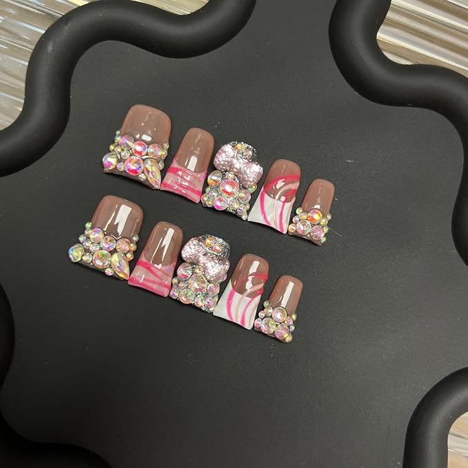 Handmade Press on Nails Short Duck Fake Nail Glitter Bows with Luxury Colorful Rhinestones Design Thick Acrylic and Muti-Layer French Tip False Nails Full Cover Bows Stick on Nail Set for Women（S)