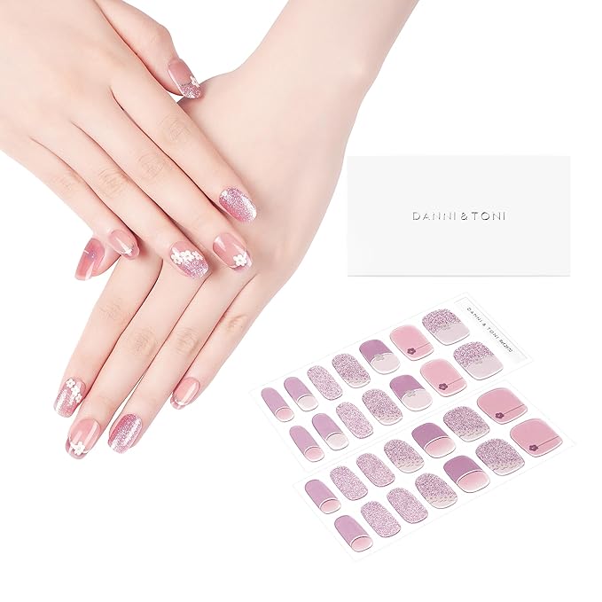 DANNI & TONI Semi Cured Gel Nail Strips Purple (Spring Whisper) French Tip Flowers Gel Nail Wraps UV Nails 28 Stickers