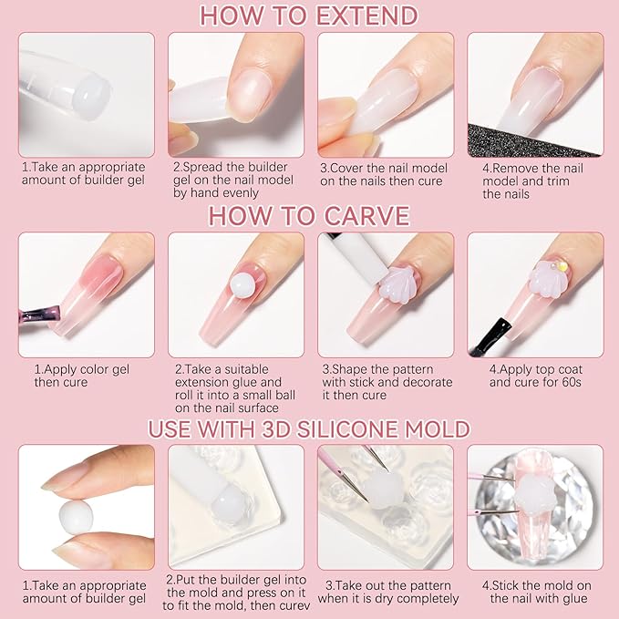 3D Nail Art Gel Clear and White Solid Builder Gel for Nails Non-Stick Hand Sculpture Hard Gels with Dual Form for Carving Patterns Decoration Nail Art Home Manicure DIY