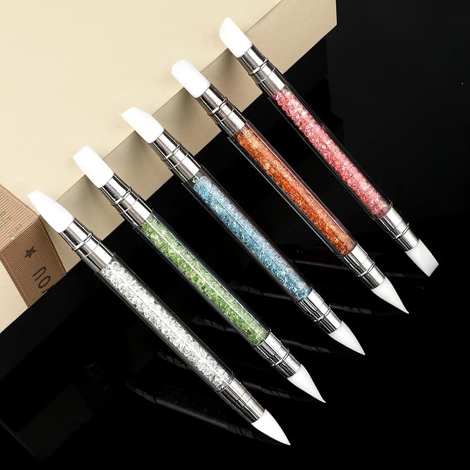 5PCS Nail Art Sculpture Pen, Dual Tipped Silicone Nail Tools, 3D Nail Sculpting Gel Pen, Rhinestone Nail Polish Brushes for Design Nail Foil Carving Drawing Effect Shaping Drawing