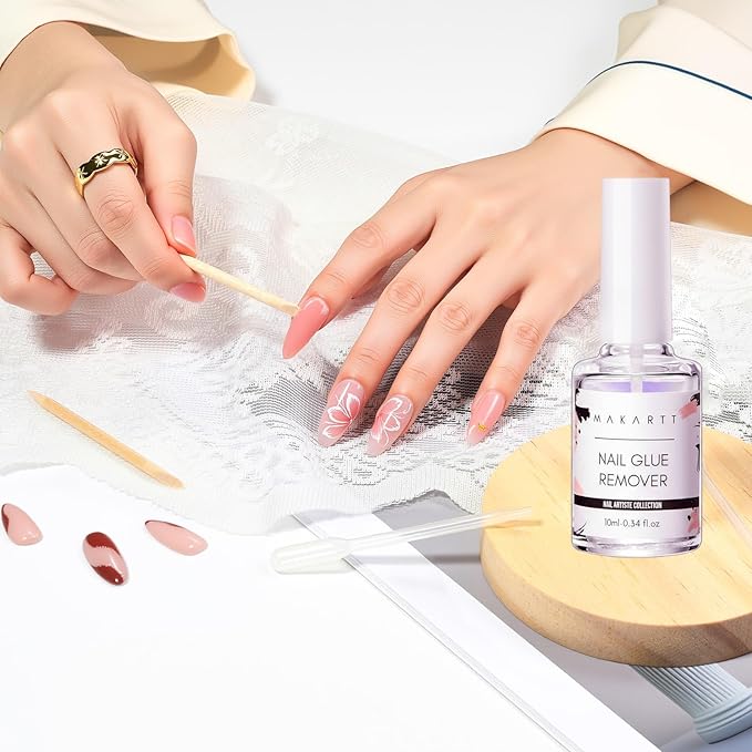 Makartt Press On Nail Glue Remover 10ML Fast and Easy Removal Debonder with 2 Dropper Applicators, 2 Wooden Sticks for Quick Glues, Press-On Nail, Solid Glue, Semi-Cured Sticker, Adhesive Tabs