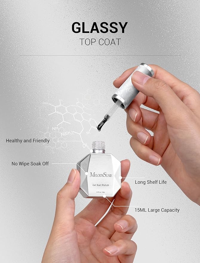 MelodySusie Gel Top Coat-15ml No Wipe Top Coat, High Gloss Shine Finish Long Lasting Top Gel for Clear Nail Gel and Acrylic Nails, for Home DIY and Nail Salon 0.5fl oz