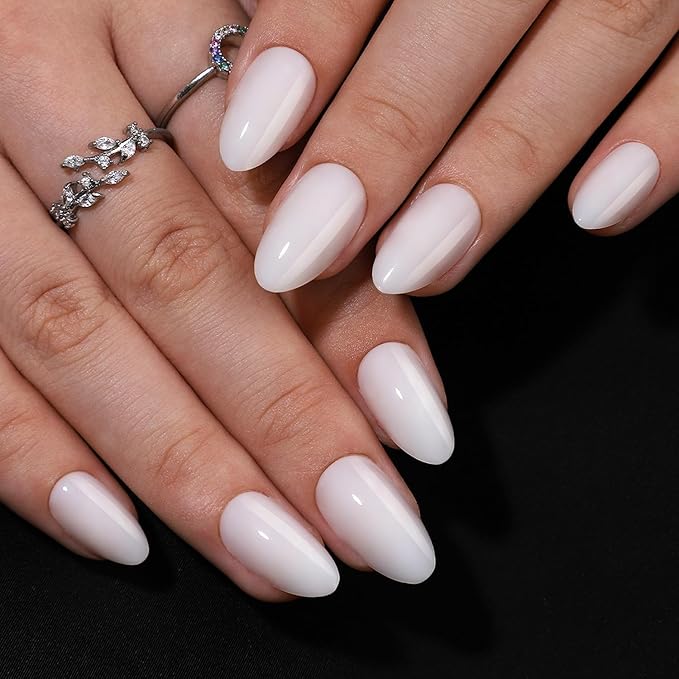 30 Pcs Short Almond Shaped Soft Gel Press on Nails Solid Color Fake Nails Designs Glossy White Acrylic Nails with Glue on Nails Full Cover Salon Quality Thickened False Nails Sets for Women Manicure