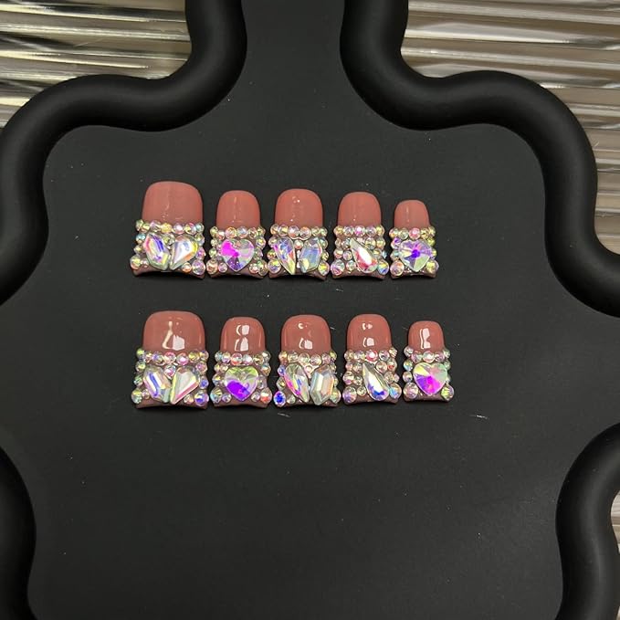 Luxury 3D Crystal Handmade Press on Nails Short Duck False Nails with Colorful Rhinestones Designs Salon DIY Thick Manicure Reusable French Tip Glossy Pink Fake Acrylic Nail Art for Women（M)
