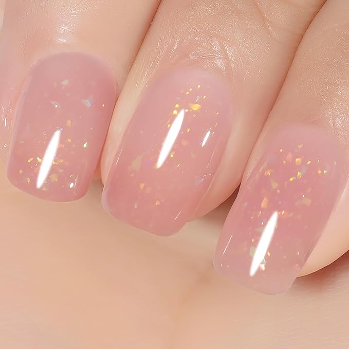 YTD Likomey Gel Nail Polish,Nude Glitter 15ml Rose Pink Brocade Shimmer Jelly Translucent Neutral Holographic Iridescent Sparkly Flakes Salon UV Manicure Nail Art Varnish,SF368