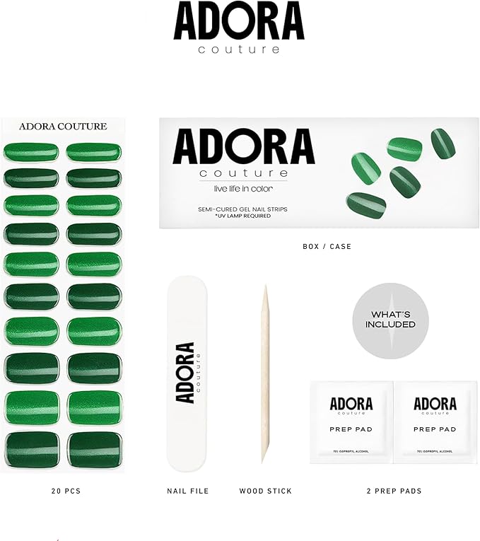 Semi-Cured Gel Nail Strips - 20 Salon-Quality Gel Sticker with UV Light Required, Long Lasting, Easy Application & Removal, Includes Prep Pad, Nail File, Wooden Stick (Emerald Allure)