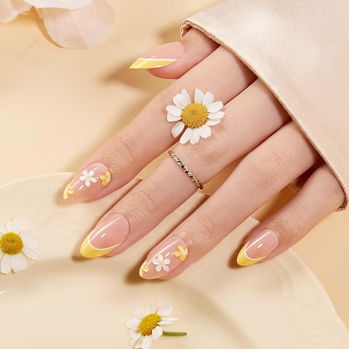 VSALON Press on Nails Short Almond - Lemon Yellow French Tip 3D Flower Design Fake Nails Kit, Reusable Valentines Gel Glue on Nails with Glue & Cuticle Oil - 32 PCS Stick on Nails in 16 Sizes