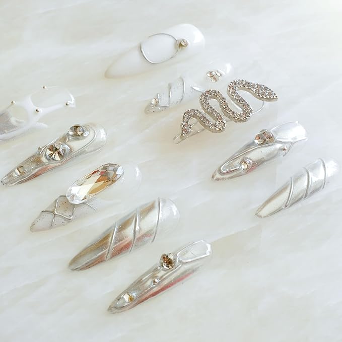 Luxury Long Almond Press-On Nails, White and Silver Rhinestone Design, 3D Snake Pattern with Pearl Accents, Handmade False Nail 10 Pieces (Medium, LS)