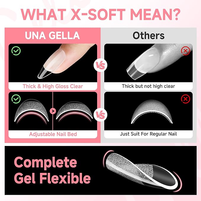 UNA GELLA Almond Nail Tips X-Soft Thicker Flexible Gel Nail Tips 330PCS Pre-etched Nails Tips Almond Shape Press on 15 Sizes Full Cover A lmond Fake Nails Strength Clear Nail Extensions DIY Salon