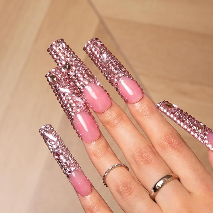 LOVFUL Press on Nails Pink French Tip Rhinestone | Handmade with Full Covered Crystals | Reusable Fake Nails | Square Long 2.2 in | H27-L