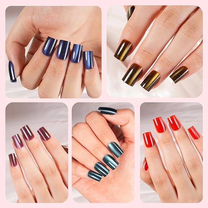 150Pcs Cat Eye Press on Nails, Plauva XS Short Aquare Fake Nails, Glossy Glitter Cat Eye Nail Tips, Soft Gel Stick On Nails for Women and Girls 15 Sizes