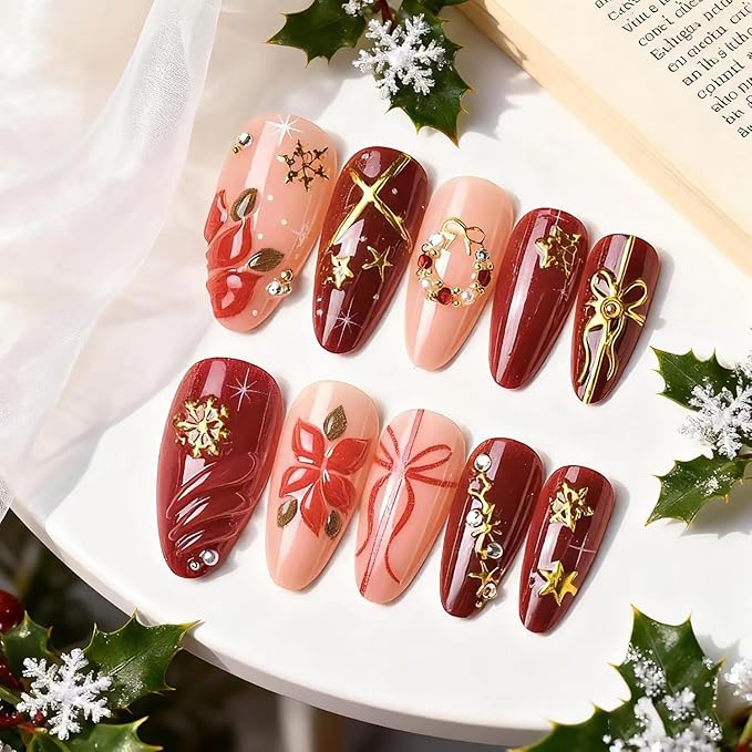Christmas Press on Nails Medium Almond MABKJLF Fake Nails 3D False Nails with Flower Snowflake Stars Bow Pearls Rhinestones Designs Glossy Glue on Nail Winter Acrylic Nails for Women Girls 24Pcs