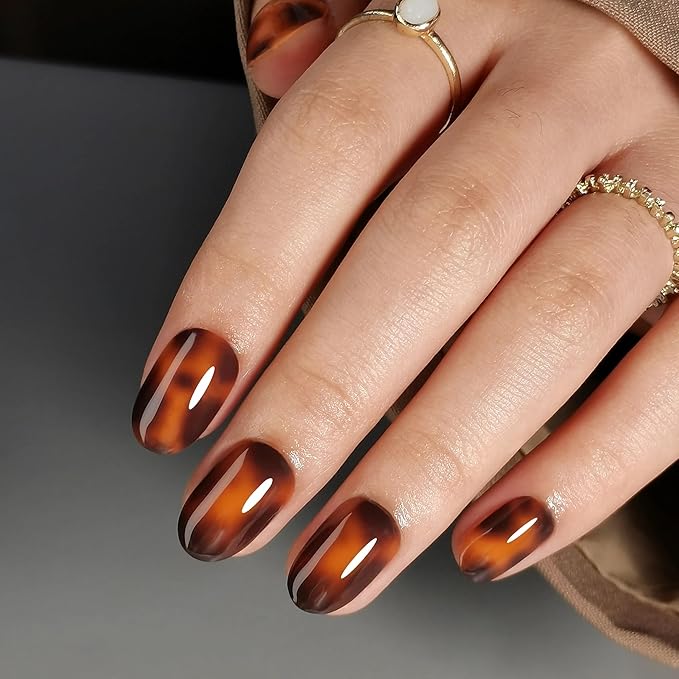 Press On Nails - Tortoise | Amber Tortoise Shell Short Oval, Salon Quality | 32 Nails, 16 Sizes Kit with Glue and Adhesive Tabs I Female Founded - Beauty, Self Care