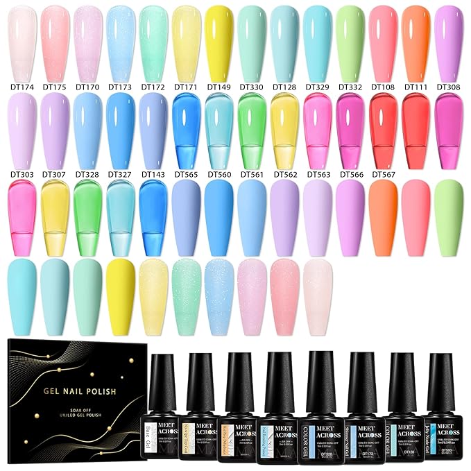 MEET ACROSS 30Pcs Jelly Gel Nail Polish Set Bright Gel Polish Nude Pink Blue Green Lavender Nail Polish Manicure Kit Gift for Her Women 26 Colors
