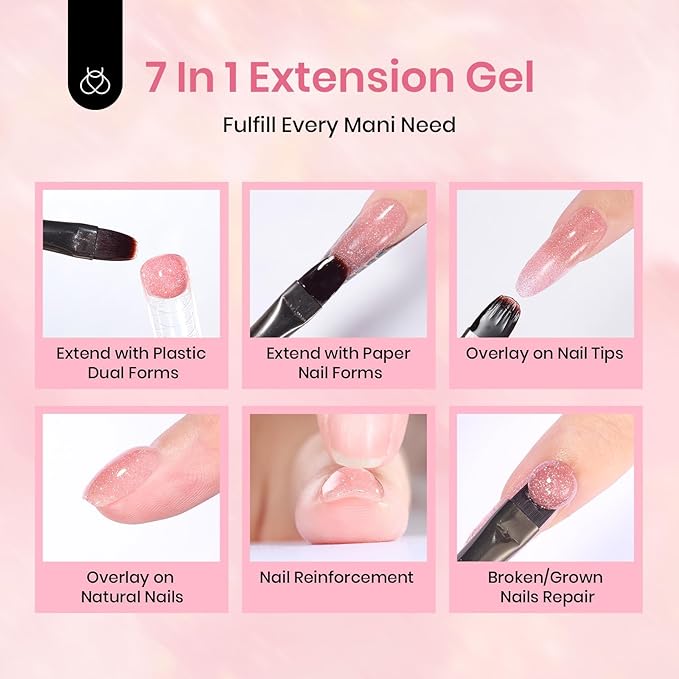Beetles Poly Nail Gel Set - 6 Colors Nude Pink Glitter Poly Extension Gel, Strong Builder Enhancement for Salon Manicure DIY Home, Long Lasting, Gift for Women Girls, UV & LED Needed