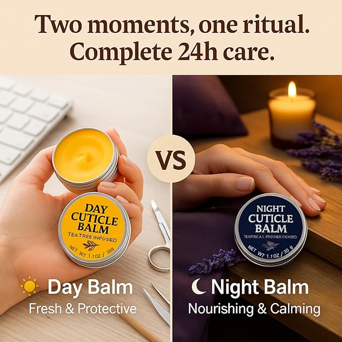 Tea Tree Oil Cuticle Balm Day & Night Set - Cuticle Cream & Butter for Dry, Damaged Cuticles - Includes Brush for Easy Application - Cuticle Healing Treatment Moisturizer, 1.1 OZ 2PK