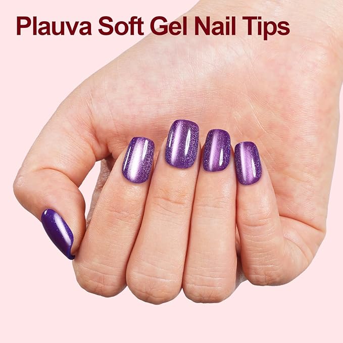 150Pcs Cat Eye Press on Nails Short Square, Plauva Glossy Glitter Cat Eye Nail Tips, Soft Gel Fake Nails for Women and Girls Stick On Nails in 15 Sizes