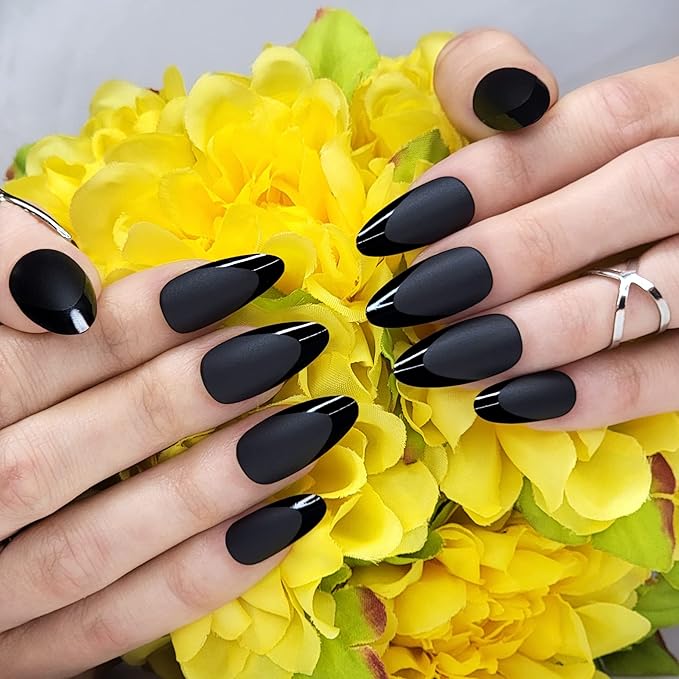Hypnaughty 24 Pcs Caviar Almond Black Matte Press On Nails with Glossy Black French Tip and Glue Medium Long Pointed Oval False Nails (Caviar)