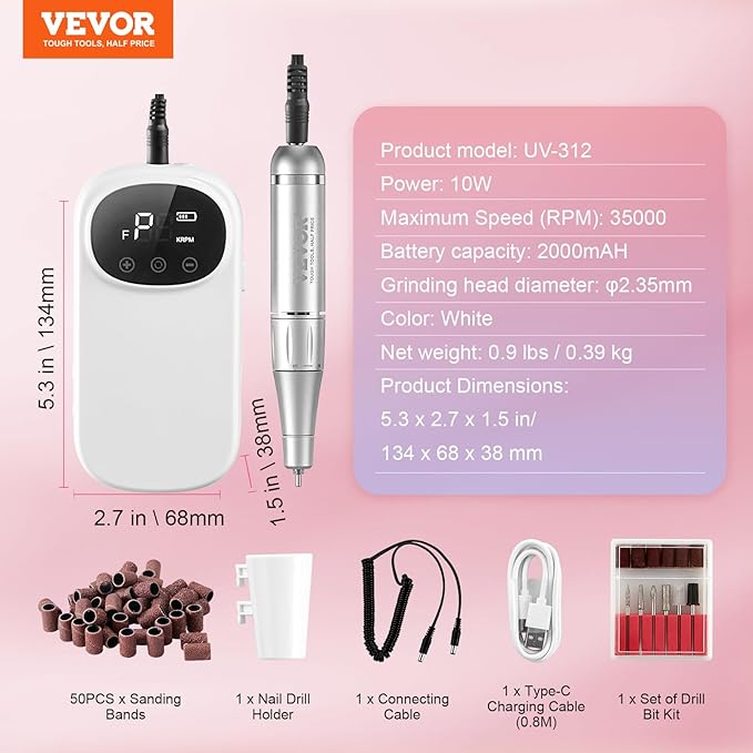 VEVOR Portable Electric Rechargeable Nail Drill, 35,000RPM Cordless Nail E File Machine, LCD-Display Acrylic Gel Grinder Tool for Manicure Pedicure Carve Polish with 6 Bits and 50PCS Sanding Bands
