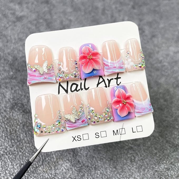 Duckbill Shape Handmade Press on Nails 3D Gradient Flower & Butterfly Designs Pink Purple French Tip Fake Nails Muti-Layer Gel False Nails with Colorful Rhinestones Stick on Nail for Women (Size S)