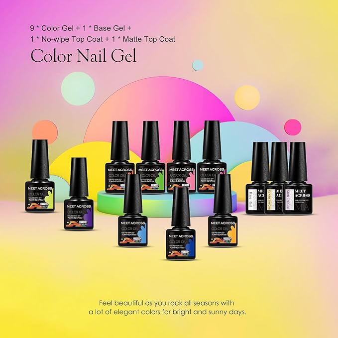 MEET ACROSS 9 Colors Gel Nail Polish + 3PCS Function Gel Nail Polish Kit,Fashion Nail Art Set Design Gifts for Women Manicure Salon (SET18, 12pcs)