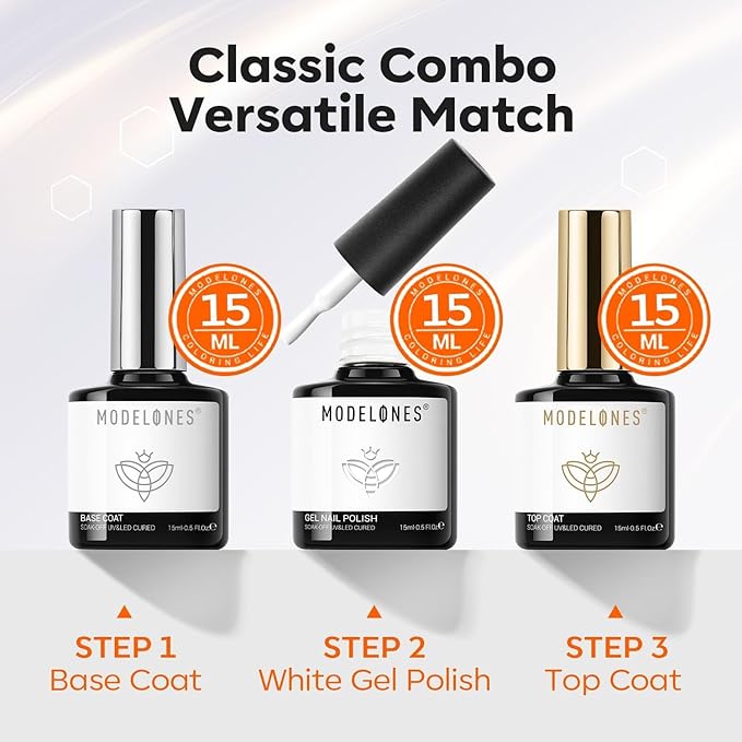 modelones Gel Top Coat Base Coat and White Gel Nail Polish 3 Pcs No Wipe Spring Gel Polish Set, Soak Off Nail Lamp Acid Free No Wipe Clear Base Top Gel Nail Polish Art Manicure Gifts for Women