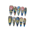 10pcs Vintage Press on Nails with Tools Kit, Long Stiletto Glossy Blue Marble Nails, Gold Cross & Star Charms with 3D Hand-Painted Lines on Nails, Reusable & Easy Apply for Galas (Size M)