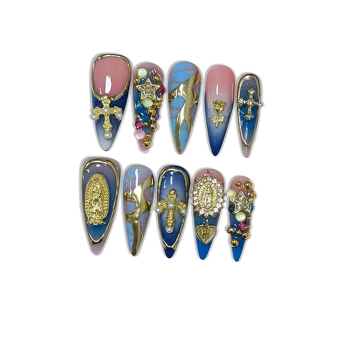 10pcs Vintage Press on Nails with Tools Kit, Long Stiletto Glossy Blue Marble Nails, Gold Cross & Star Charms with 3D Hand-Painted Lines on Nails, Reusable & Easy Apply for Galas (Size L)