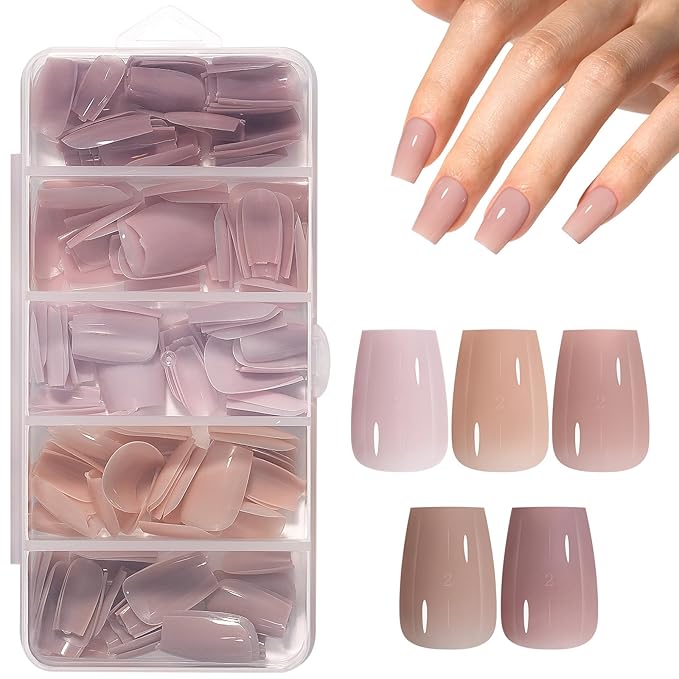 AILLSA RealFit Natural Color Short Coffin Press On Nails 4 in 1 Pre-applied Tip Primer, No Need to File Easy to Apply Long Lasting False Nail for Salon Home DIY Gifts 150 PCS