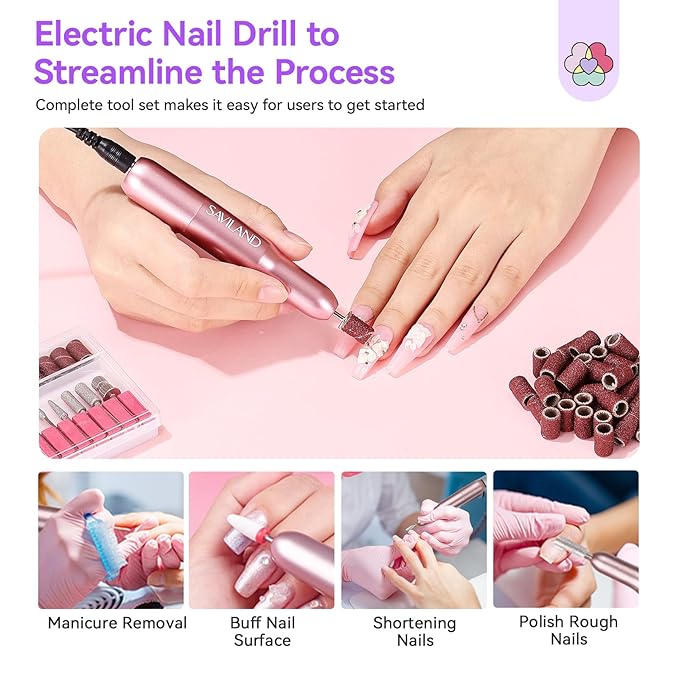 SAVILAND Essentials All-In-1 Acrylic Nail Kit with Drill: Nourishing Nail Kit for Beginners with Everything Clear White Pink Acrylic Powder Liquid Set 88W Nail Lamp Gel Nail Polish For Home DIY