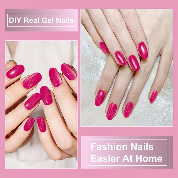 Semi Cured Gel Nail Strips,28 pcs Cat Eyes Gel Nail Stickers with UV Light Required,Long Lasting Nail Art Stickers, Easy to Apply（Rose red Cateyes