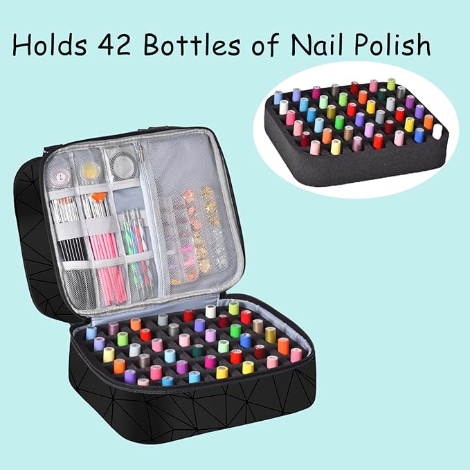 Nail Polish Organizer Case Hold 42 Bottles (15 ml) and Nail Lamp, Nail Organizers and Storage for Nail Supplies, Double Layer Nail Bag Organizer Case with Handle