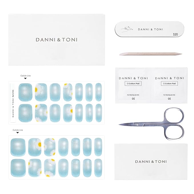 DANNI & TONI Semi Cured Gel Nail Strips Ocean Blue (Verdant Whisper) Magnetic Silver Cat Eye Gel Nail Wraps Flowers 28 Stickers