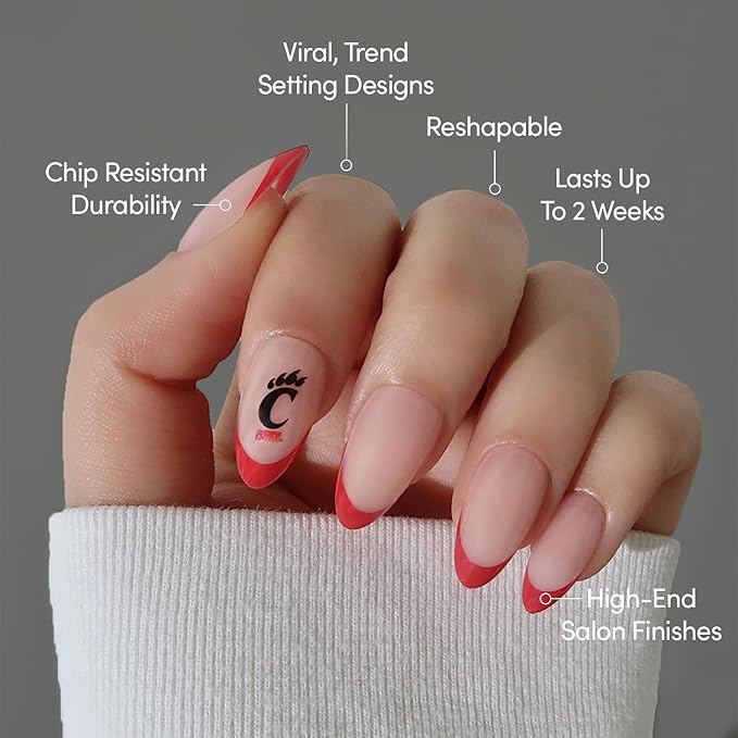 Glamnetic x Fanatics Press On Nails - Cincinnati Bearcats | Short Almond Fake Nails, Collegiate Bearcats Red French Tips, College Nails, Salon-Quality | 15 Sizes - 30 Nail Kit with Glue