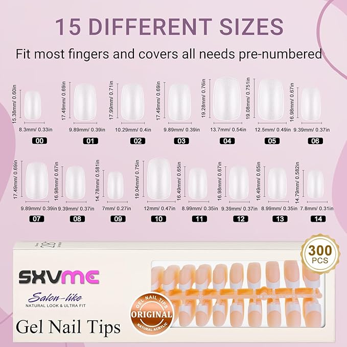 Gel French Tip Nails Medium Square Press on Nails White Tips 300Pcs Pre-applied Primer Natural Nude Fake Nails Extensions Kit for Women Girls DIY