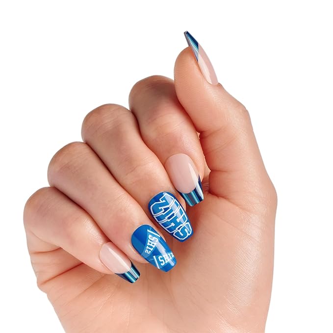 WICKED X KISS Press On Nails, ‘Shiz Campus’, Blue, Medium Coffin, Waterproof, Chip Proof, Smudge Proof, 28 Fake Nails, Pink Gel Nail Glue (2g), Mini Nail File, & Manicure Stick