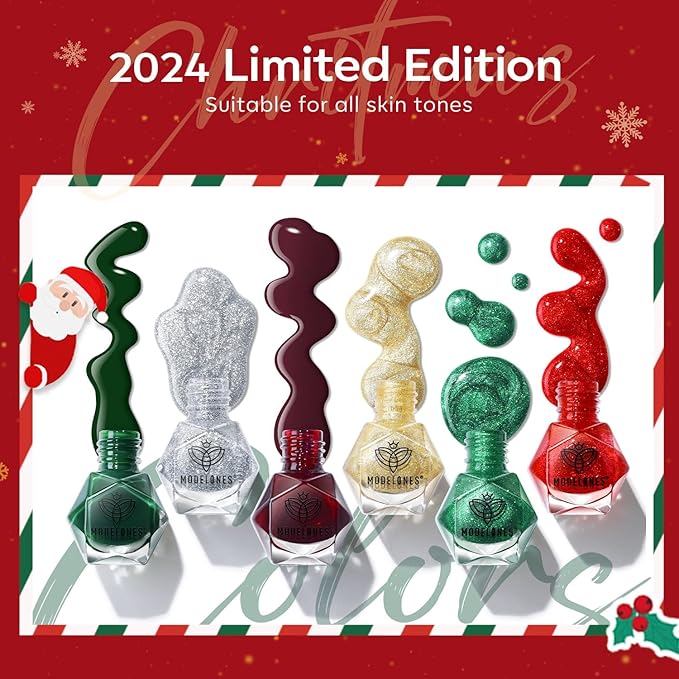 modelones Christmas Nail Polish Set 6 Colors Red Green Glitter Gold Silver Mini Nail Polish Kit Quick Dry Manicure Nail Art Manicure DIY Home Salon Gift for Women Mom
