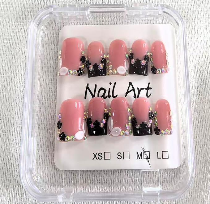 Handmade Press on Nails Square Short Fake Nails Black French Tip with 3D Bow Designs Rhinestones luxury Glossy Cute Acrylic Nails for Women 10pcs (Size M）