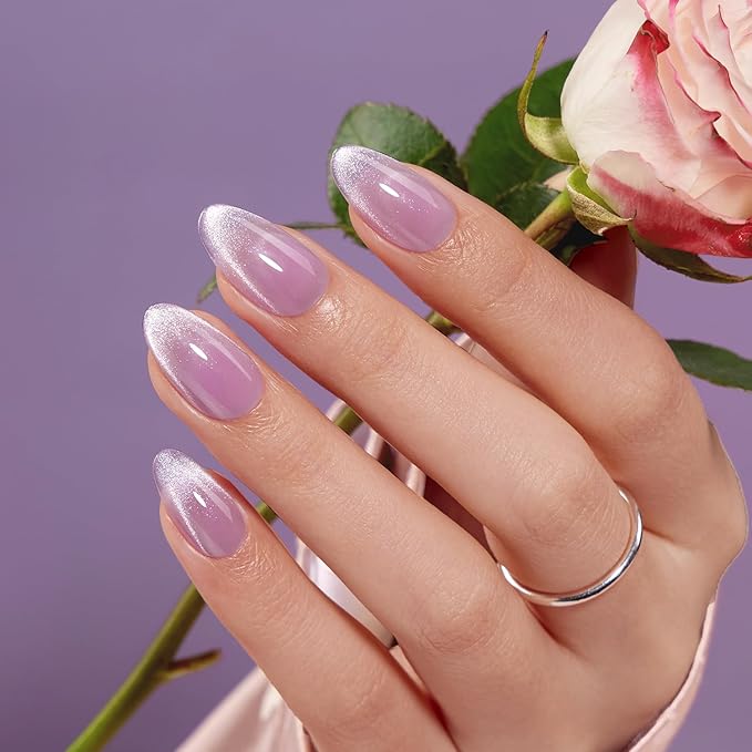 VSALON Press On Nails Short Almond, Light Purple Cat Eye French Tip Fake Nails, Semi-transparent Reusable Stick On False Nails, 32 Pcs in 16 Sizes with UV Glue Nails Kit, Valentines Gift for Women