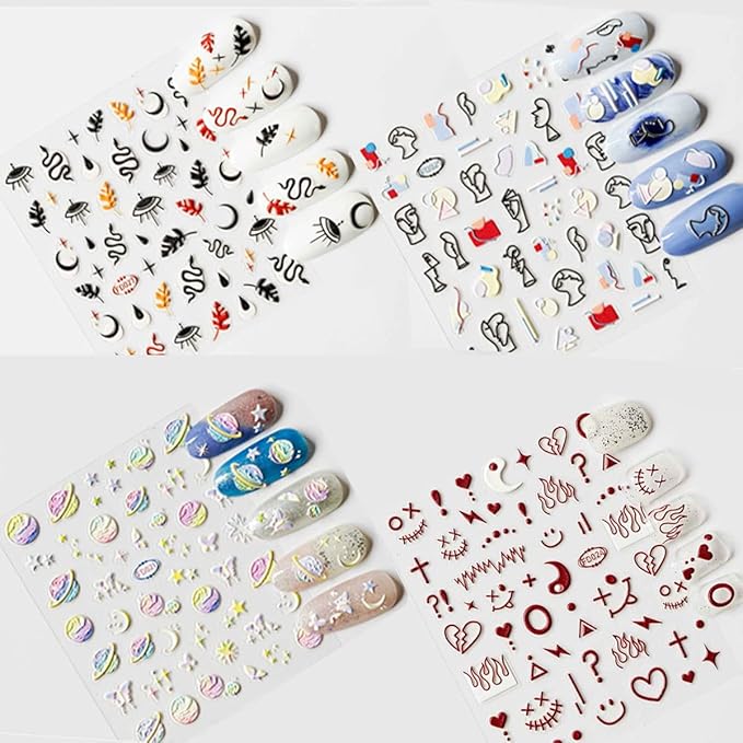 Nail Art Stickers New 5D Stereoscopic Embossed Self-Adhesive Nail Decals, Evil Eyes &Snake &Abstract Faces Hearts Nail Stickers for Nail Art Decoration Women Girls Gift (4 Sheets)