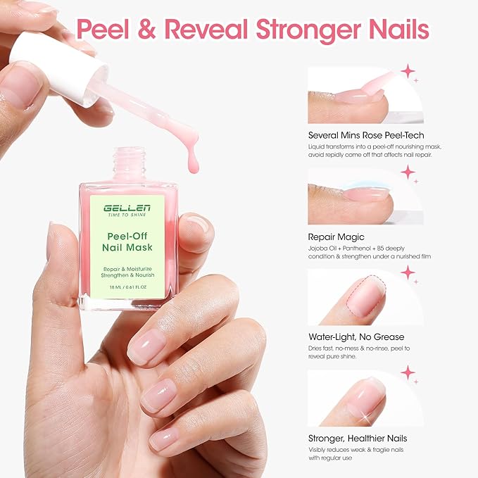 Gellen Peelable Nail Strengthener Mask, Air Dry Peel-Off Nail Mask for Nail Strengthener and Growth, Nail Repair Masque for Damaged Weak Thin Nails, Natural Nail Treatment, Rose Scent