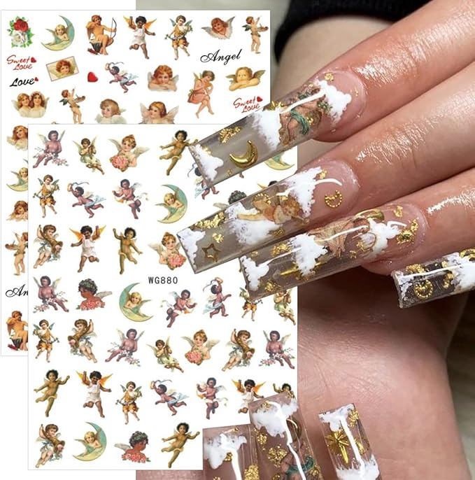 8 Sheets Angel Nail Stickers for Nails Art Cupid Nail Art Stickers 3D Self-Adhesive Rose Heart Angel Wings Designs Valentines Day Nail Decals for Women Holiday Manicure Decorations DIY