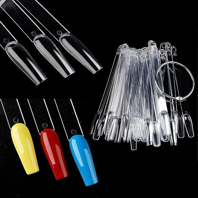 Nail Color Swatch Sticks with Ring, 150pcs Ballerina Square Stiletto Clear Nail Tips, Nail Polish Display Sample Sticks, Practice Nail Tips, Nail Salon Supplies