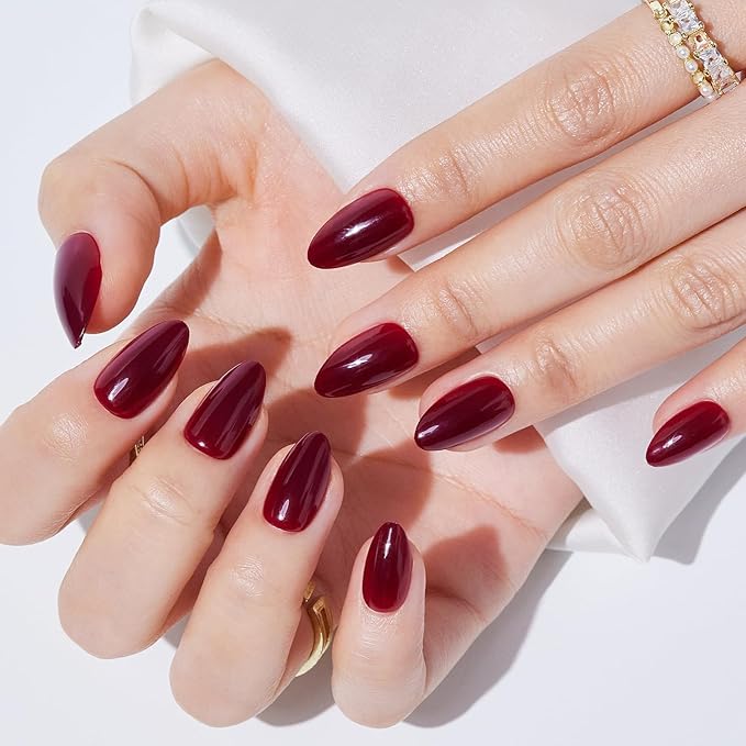 Findigit Red Press On Nails Almond Short - Red Soft Gel Press on Nails, Glue on Nails with Nail Glue, Reusable Stick on Nails in 16 Sizes,32 Fake Nail Kit,Rose Almond