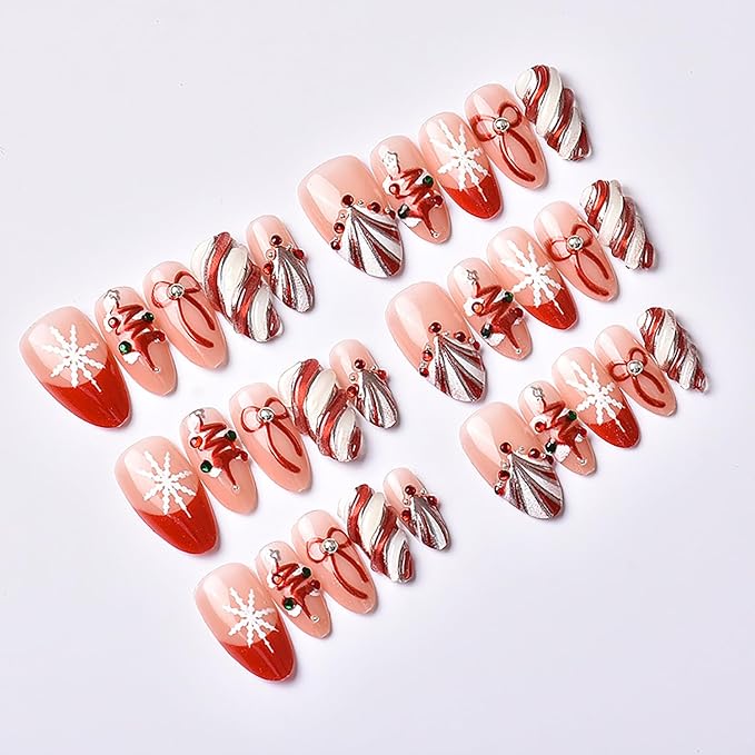 Christmas Press on Nails Medium Almond French Tip Fake Nails with 3d Bow Rhinestones Designs Winter Snowflake Glue on Nails Xmas Tree Full Cover Artificial Acrylic Nail for Women Nail Supplies 30pcs